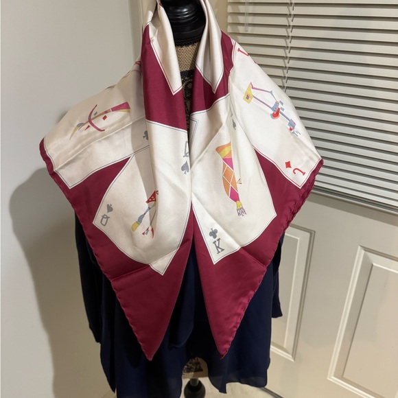 Celine Paris Burgundy and White Playing Card Silk Scarf 34”*34” - Picture 1 of 9